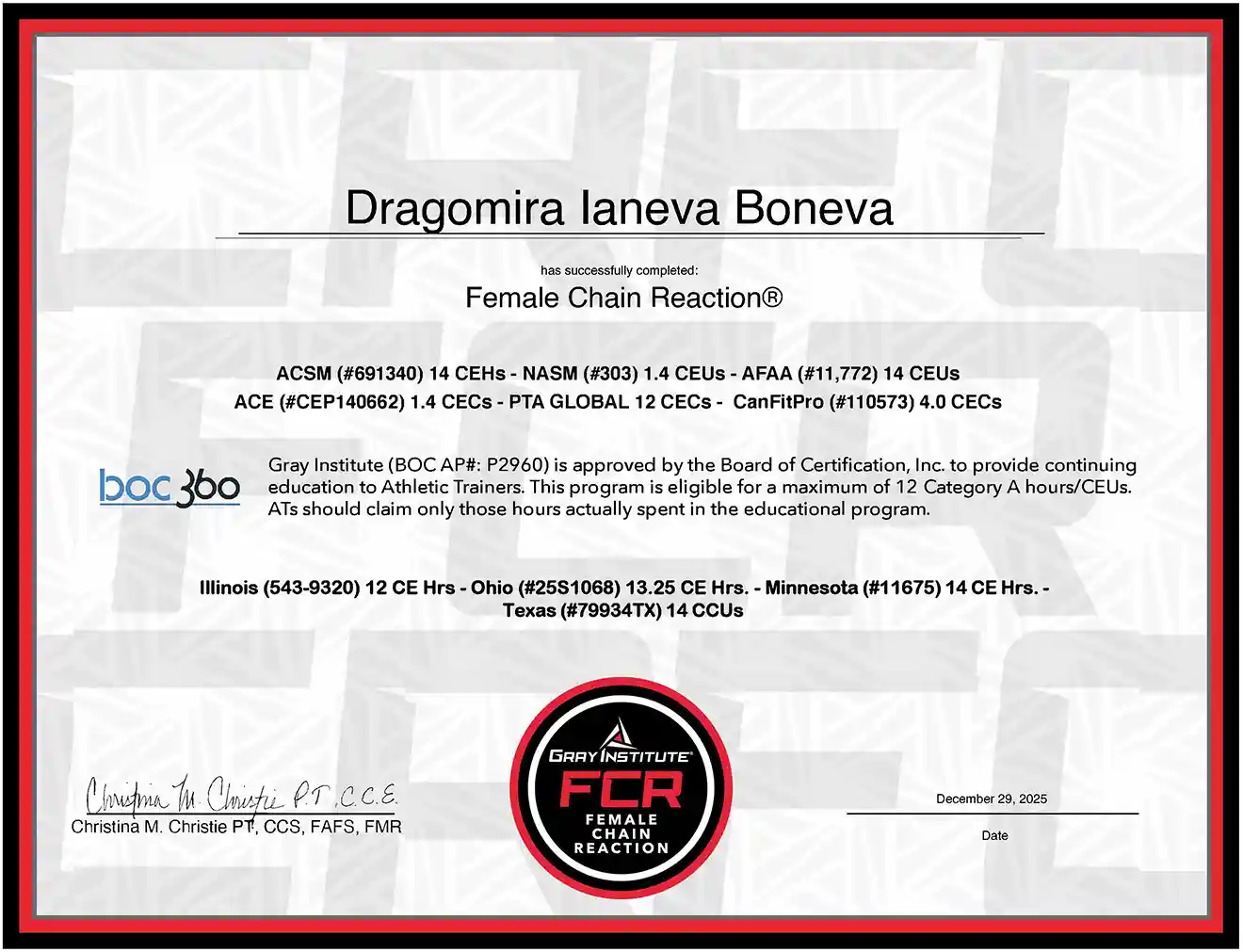 Female Chain Reaction Certificate